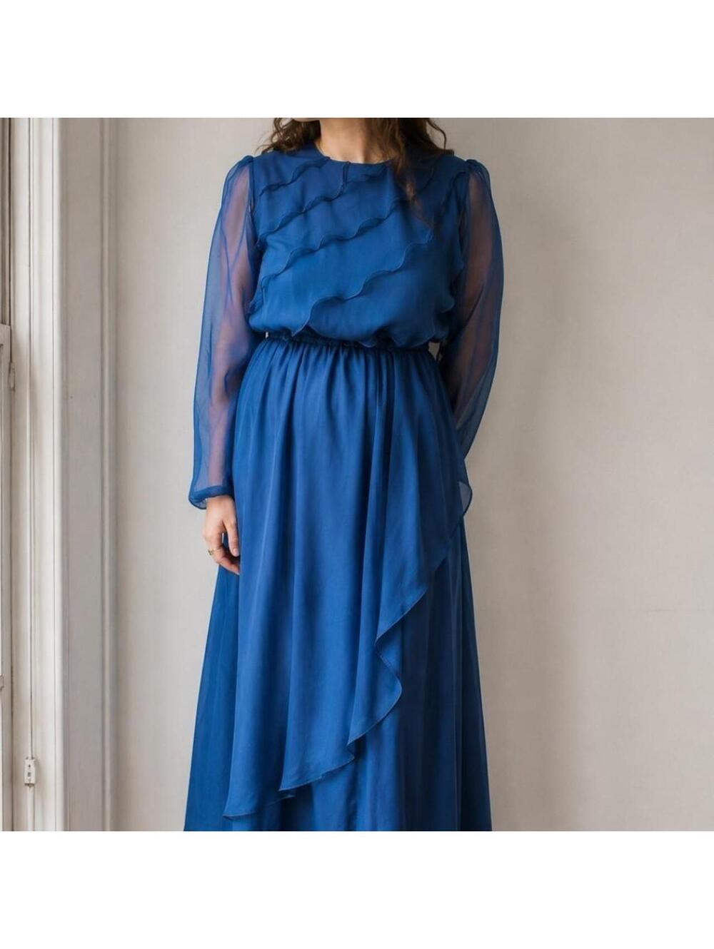 70s Praise Hymn Blue Chiffon Dress (Made in USA) - Size 3/4